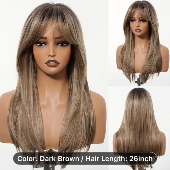 26-Inch Brown Curly Wave Long Wig with Bangs. - Rose Net Cap. - Picture 2 of 2